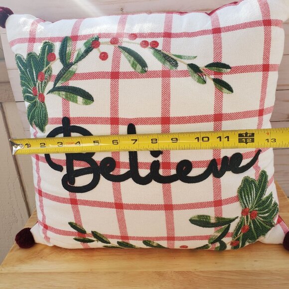 Christmas Holiday Throw Pillow Red Pom-Poms, Plaid Design Embroidered "Believe" - Picture 6 of 10